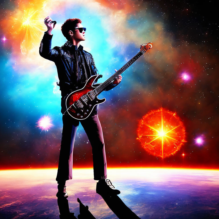 Stylish Person Playing Electric Guitar Against Cosmic Background