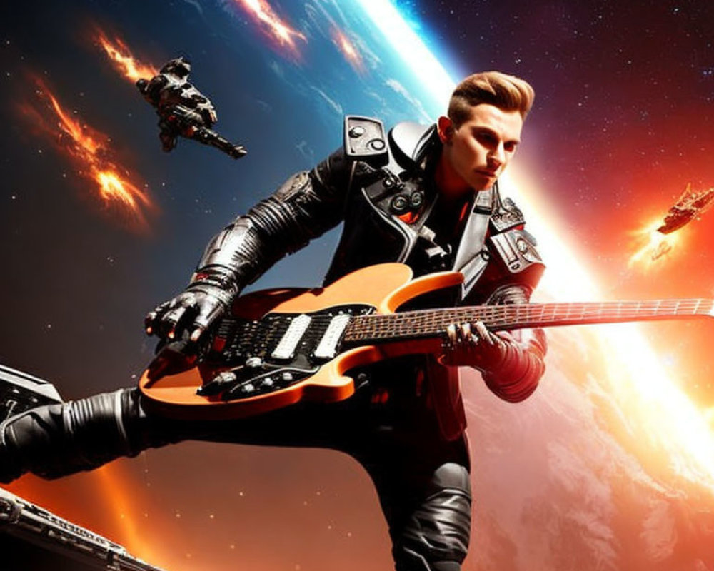 Futuristic rocker with guitar in dynamic space scene