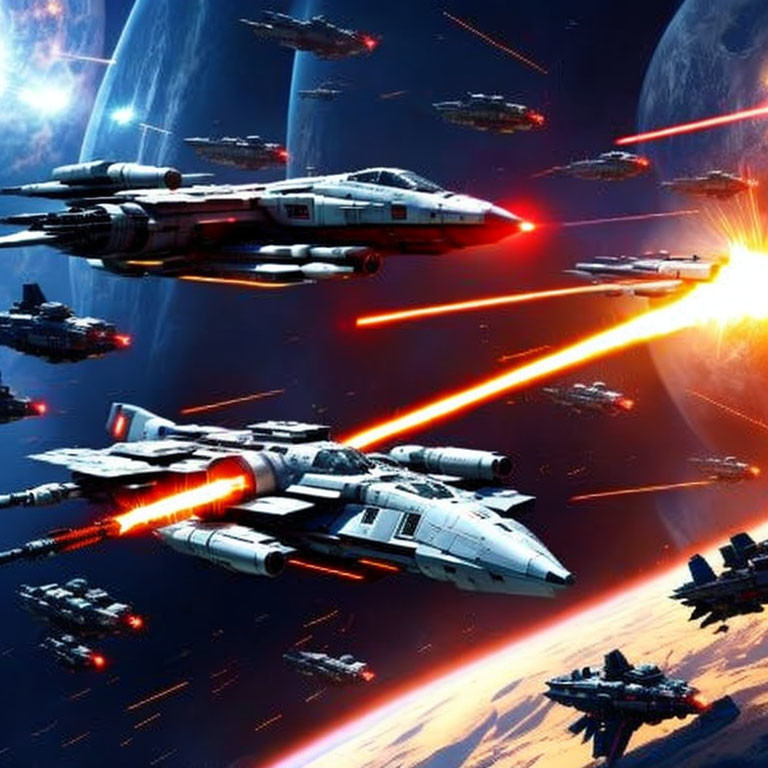 Futuristic space battle with lasers and planets