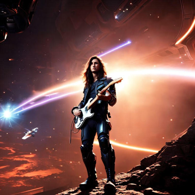 Musician with guitar on rocky surface under cosmic backdrop with spaceships