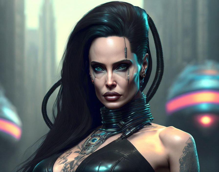 Detailed female cyborg digital art with facial tattoos in sci-fi urban setting