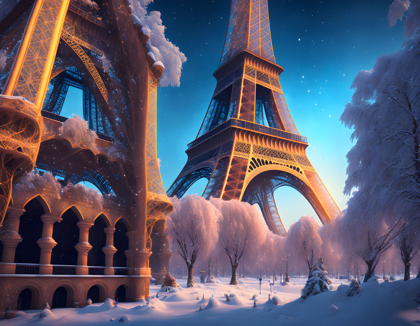 Snow-covered landscape with illuminated Eiffel Tower at twilight