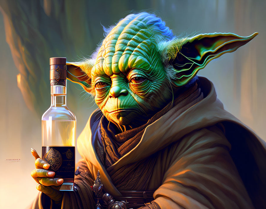 Detailed Yoda Illustration Holding Clear Bottle in Forest Setting