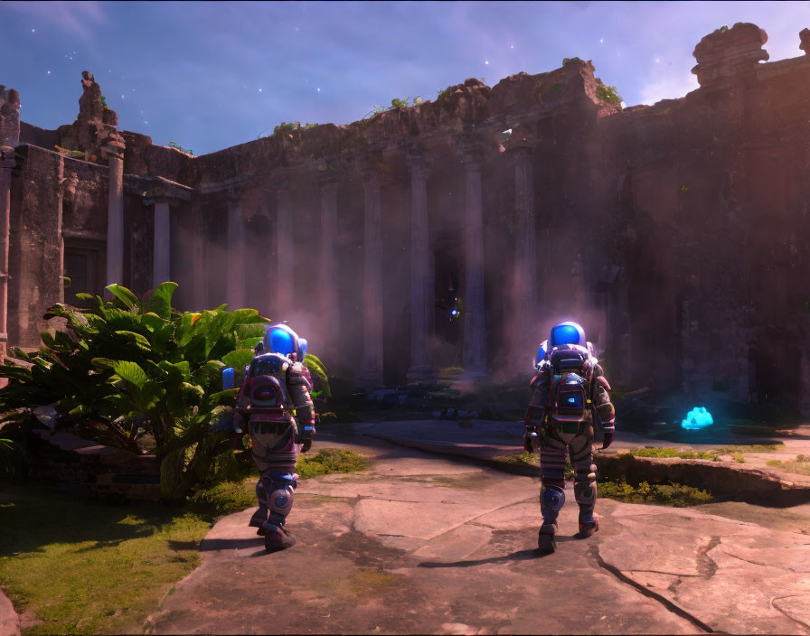 Astronauts in ancient ruin with pillars and greenery under starry sky