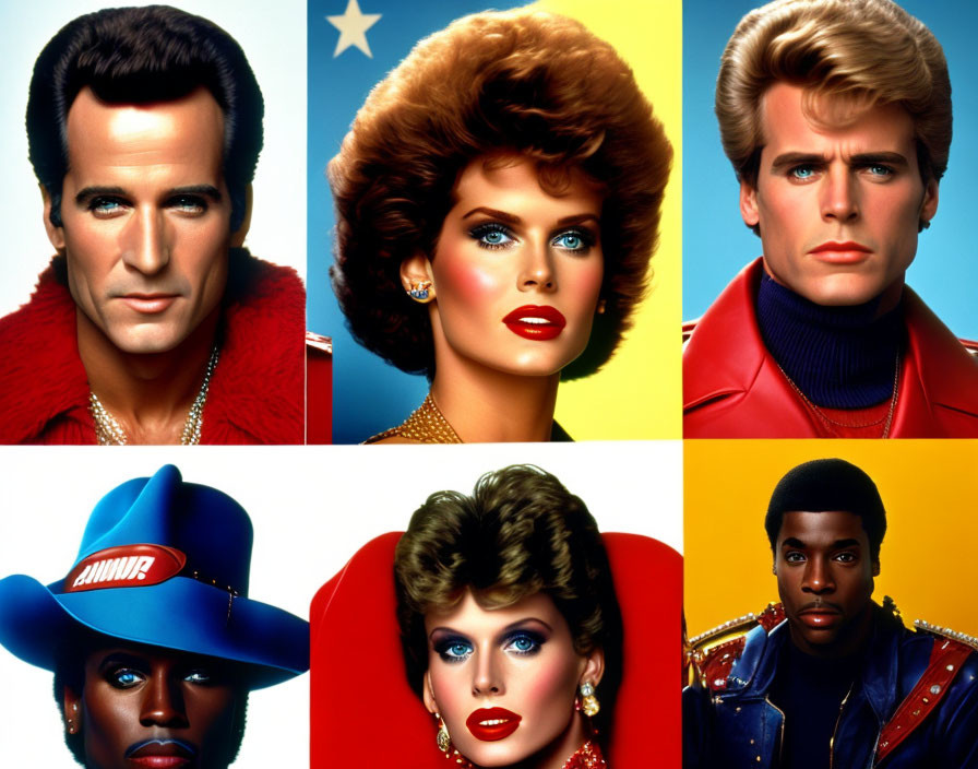 Six Stylized Portraits of Men and Women in 1980s Fashion and Cowboy Hats