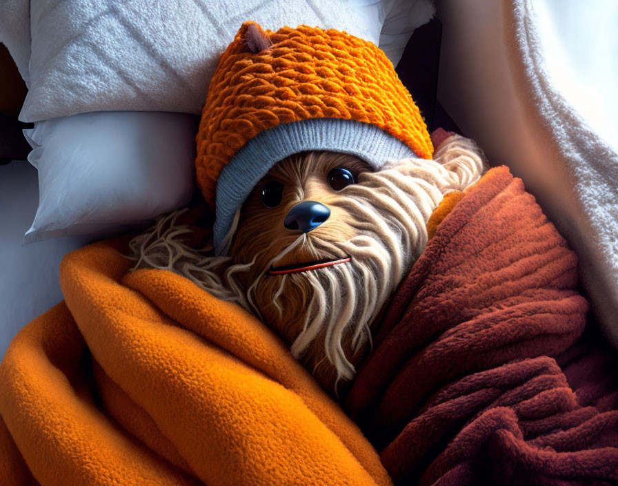 Dog in Orange Knitted Hat & Blanket with Thermometer, Sick in Bed