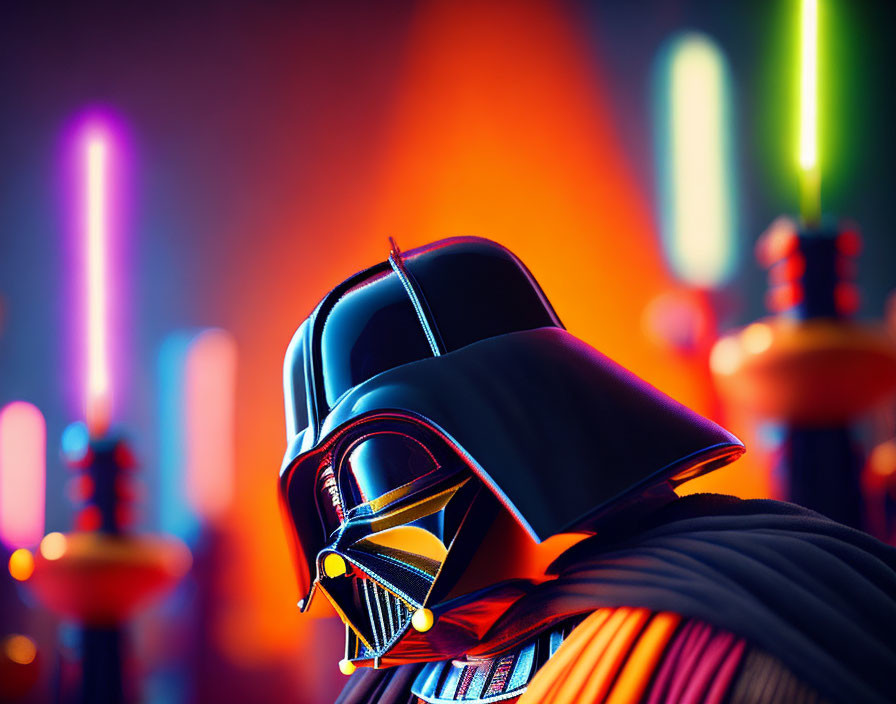 Detailed Close-Up: Darth Vader Helmet with Neon Lights & Blurred Lightsabers