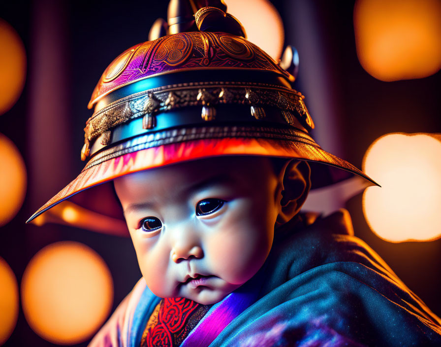 Serious Baby in Asian Warrior Helmet on Warm Bokeh Background
