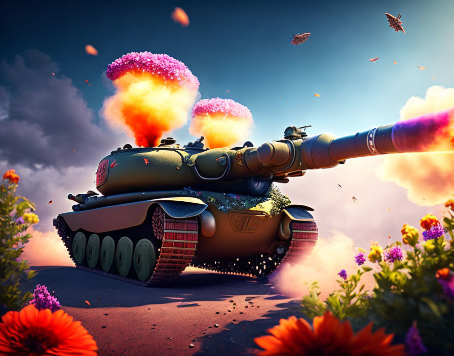 Green tank firing amidst pink explosions with vibrant flowers and blue sky