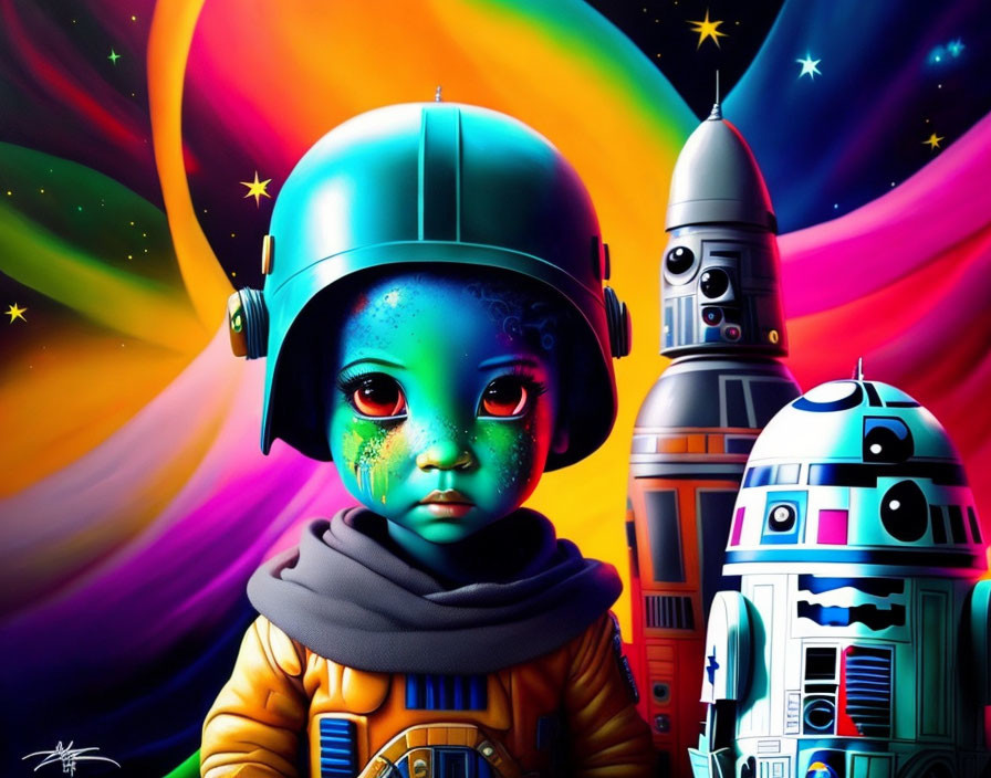 Vibrant digital artwork: child with space helmet and droids in cosmic setting