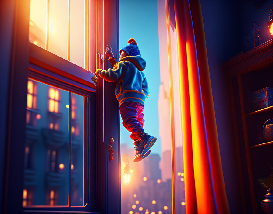 Child in hoodie floats by window at dusk with cityscape view