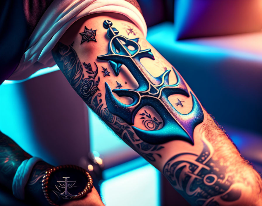 Detailed Anchor and Nautical Tattoo Design with Stars and Watch