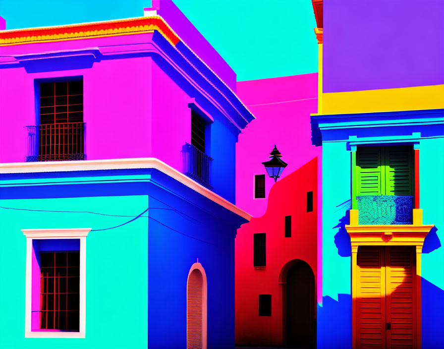 Colorful traditional buildings with balconies and shutters under a sunny sky