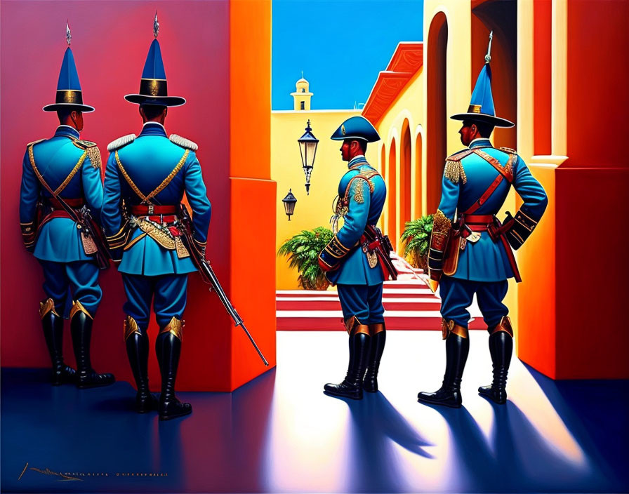 Colorful courtyard with soldiers in ornate uniforms and shadows casting a surreal, vibrant atmosphere
