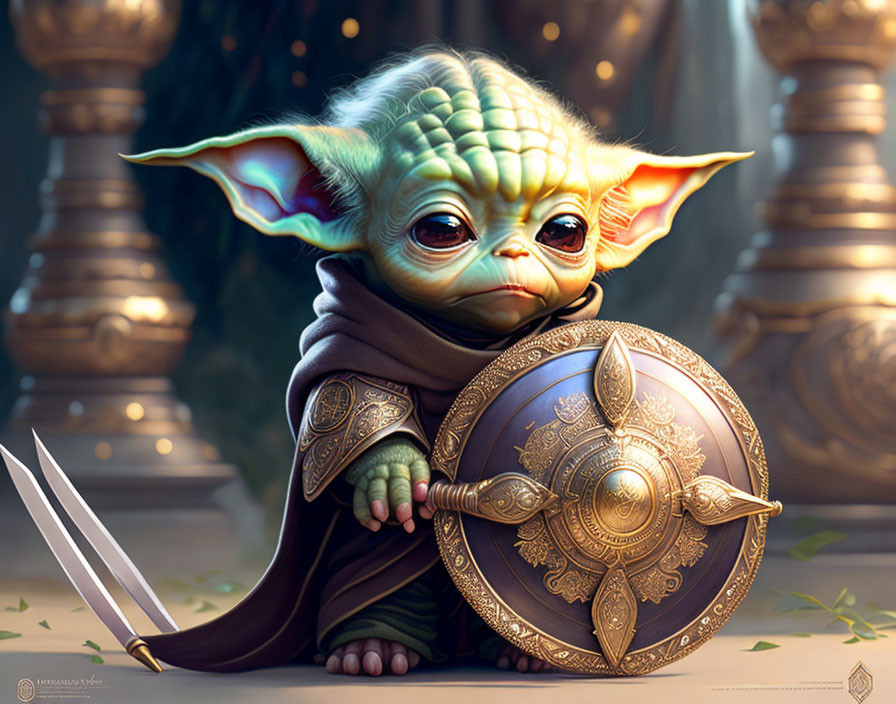 Detailed Illustration: Young, Green-Skinned Creature with Sword & Shield