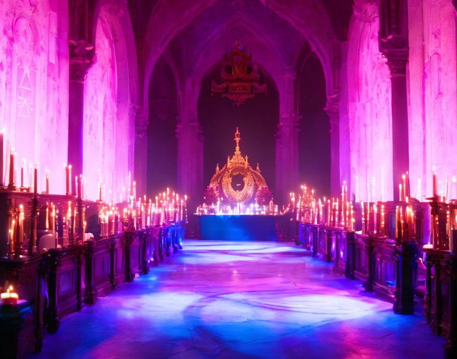 Mystical church interior with purple lighting and lit candles