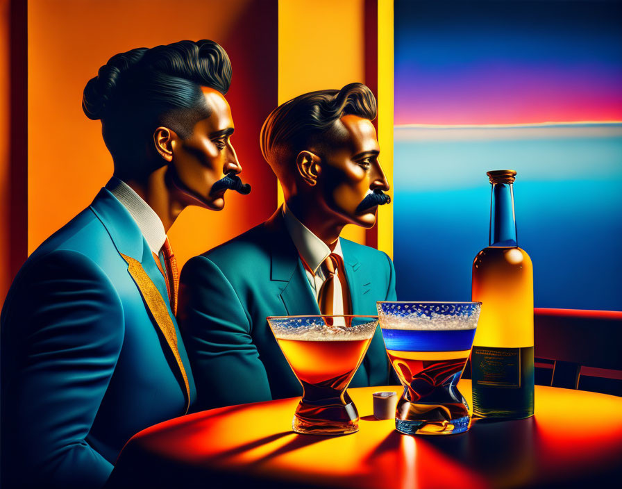 Two men in suits at a bar with vibrant lighting and colorful drinks.