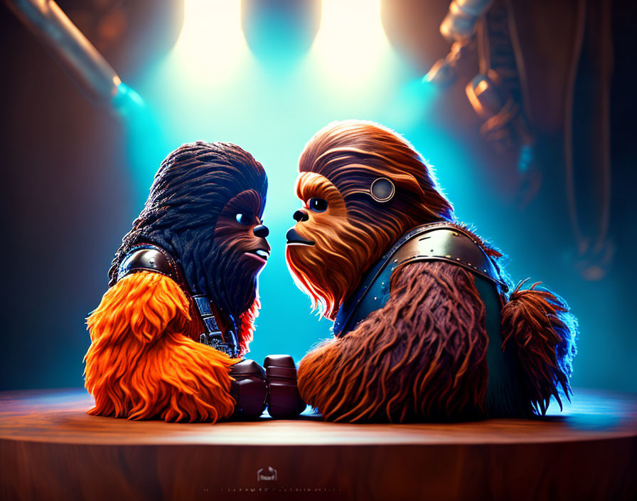 Stylized furry creatures with headsets resembling Chewbacca in dimly lit room