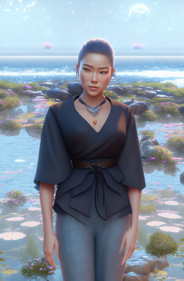 Digital art portrait of Asian woman in traditional attire with serene seascape and multiple moons.