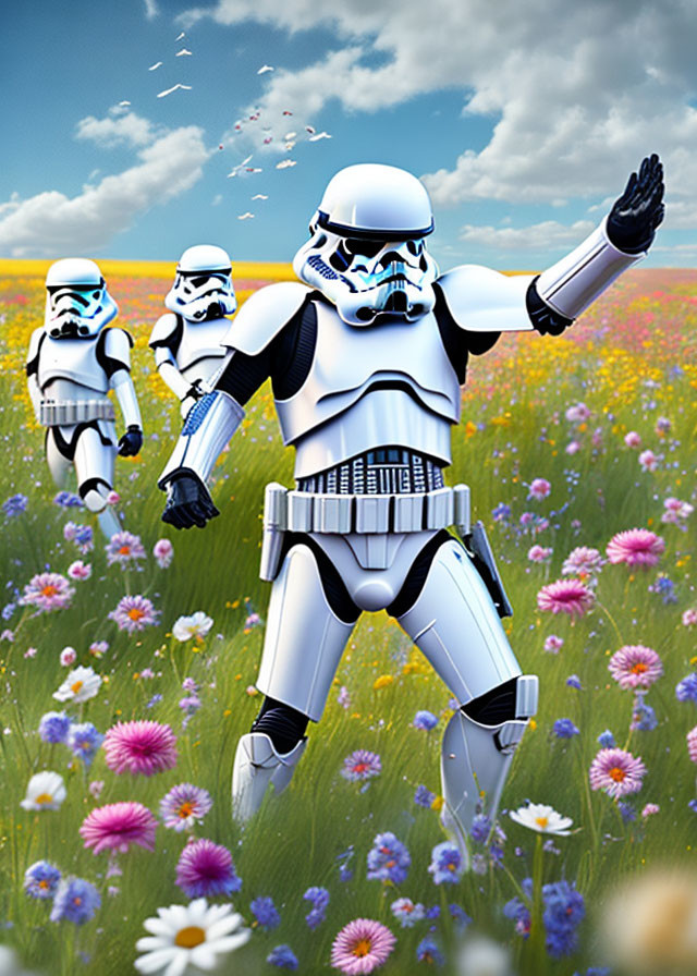 Stormtroopers in colorful flower field with waving figure and butterflies under partly cloudy sky