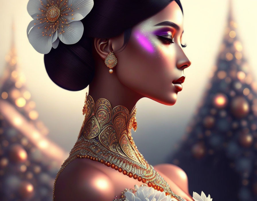 Digital Art: Woman with Striking Makeup and Ornate Gold Jewelry