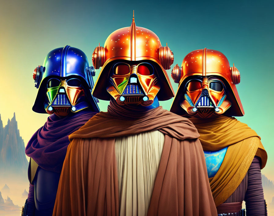 Colorful Darth Vader helmets on three people against whimsical space backdrop