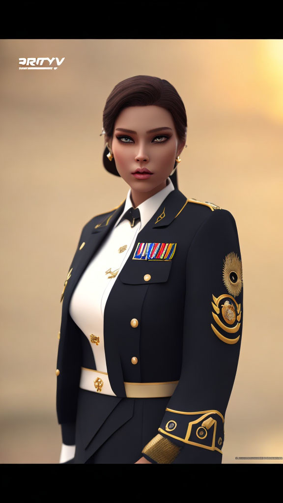 Detailed Military Uniform Woman with Medals and Golden Epaulettes