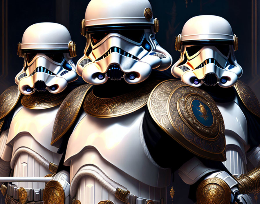 Three stormtroopers with gold and blue detailing on dark backdrop