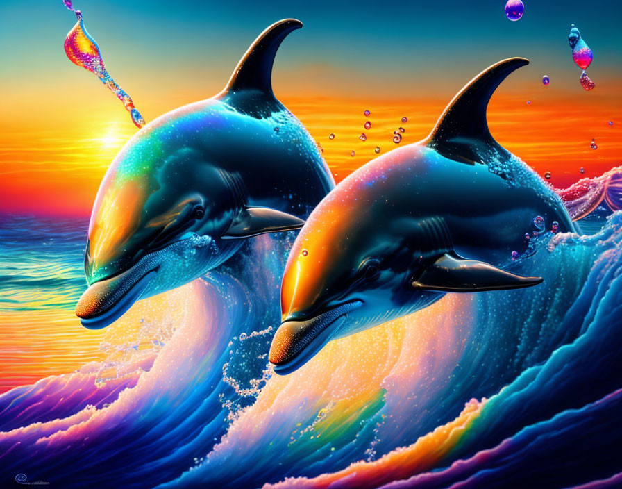 Colorful sunset scene: Vibrant dolphins leaping in sparkling sea