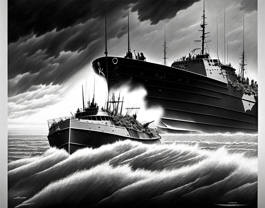 Monochromatic artwork of ships in stormy sea with dramatic clouds and crashing waves