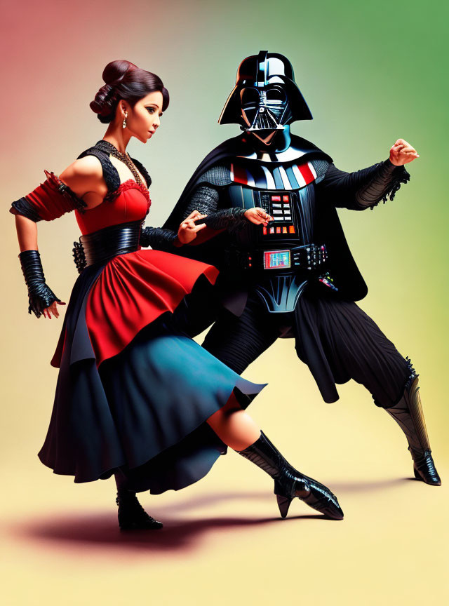 Couple in Flamenco and Darth Vader Costumes Dancing on Gradient Background