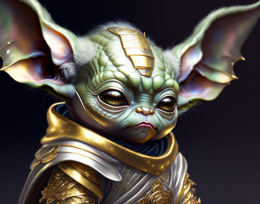 Detailed digital artwork: Baby-like character in green skin, large ears, big eyes, ornate golden