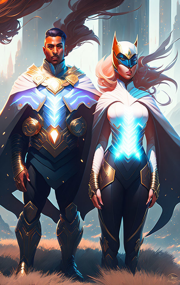 Stylized superheroes in futuristic landscape with glowing blue accents