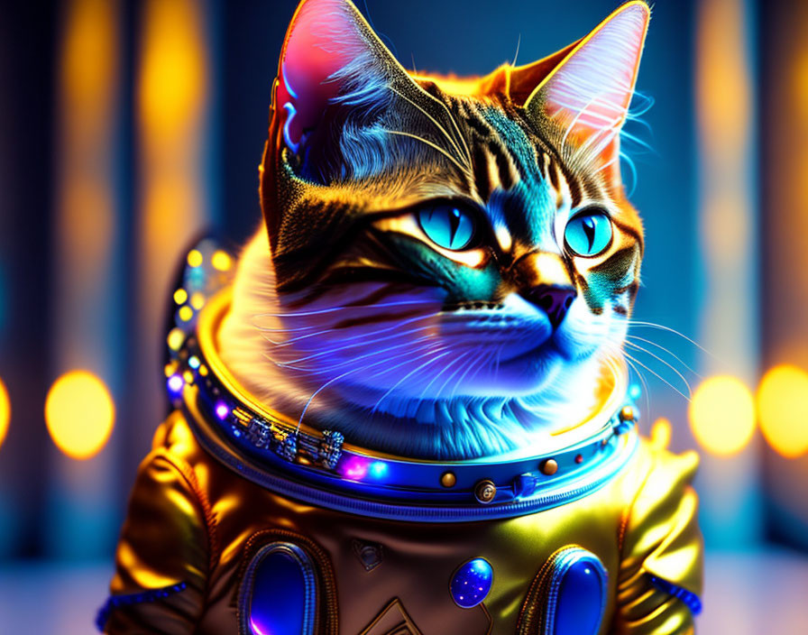 Colorful Cat in Astronaut Suit with Intricate Markings and Glowing Lights