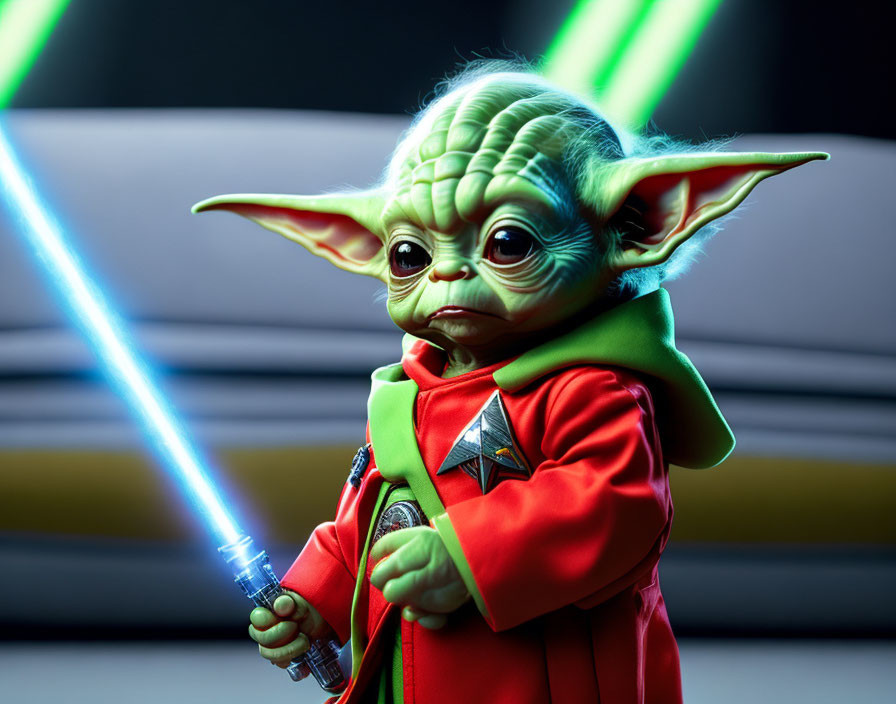 Futuristic Yoda-like character with blue lightsaber in red and green outfit
