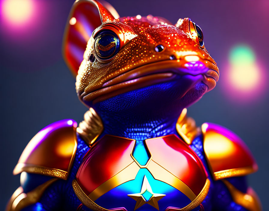 Futuristic frog in metallic superhero suit on colorful background