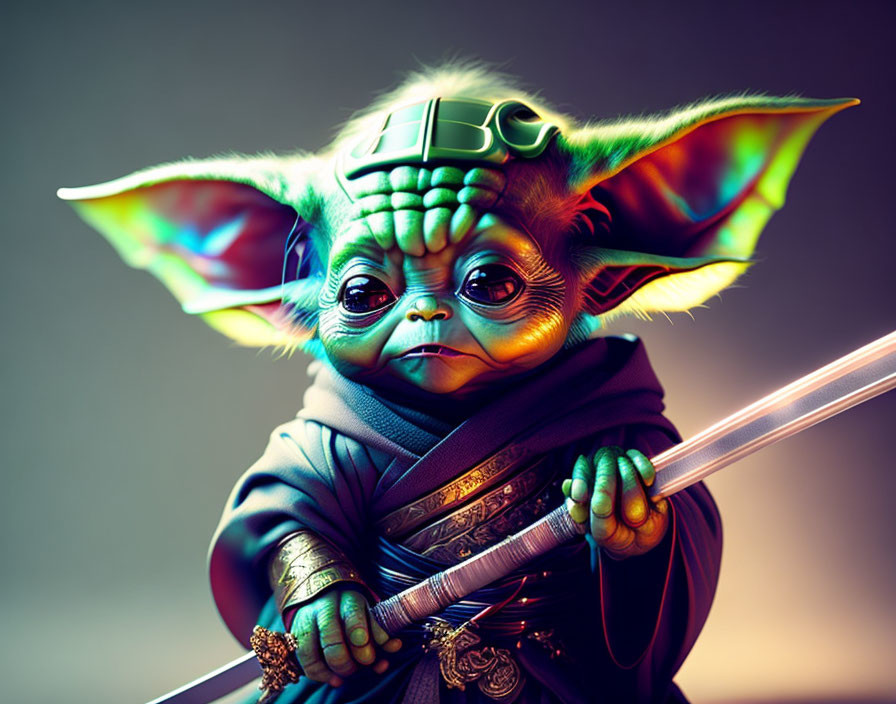 Colorful Art: Young Yoda-Like Character with Lightsaber, Helmet, and Robe