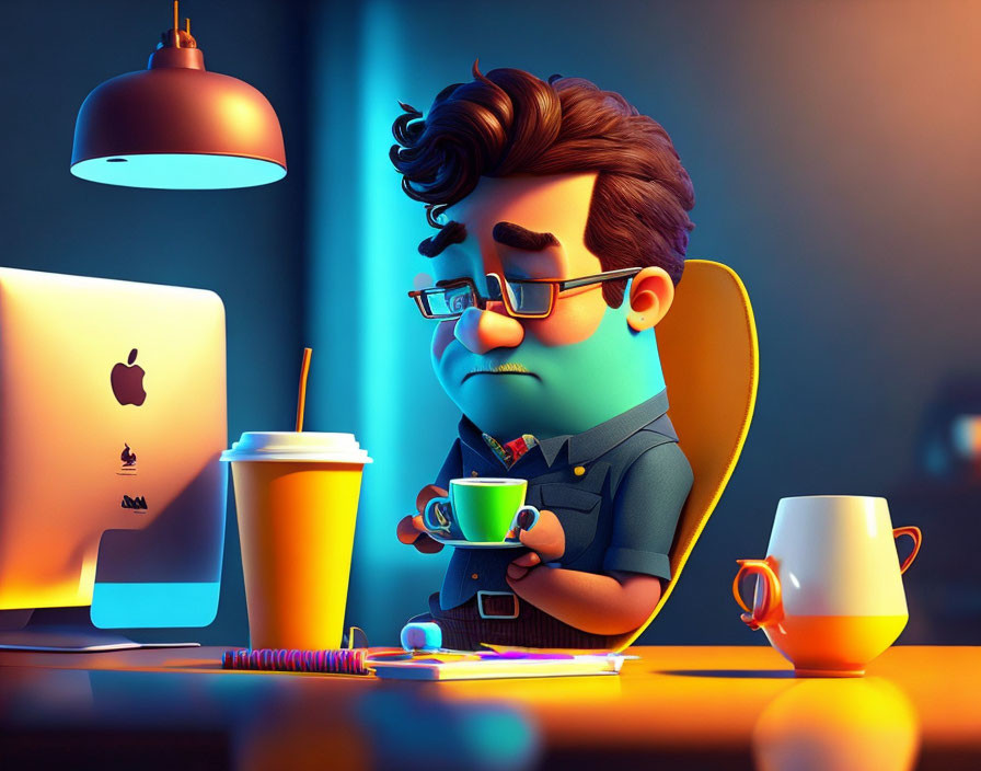 Animated character with glasses tired at desk with coffee cup, computer, papers