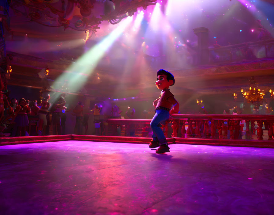 Animated boy dances on stage with colorful spotlight beams in vibrant theater