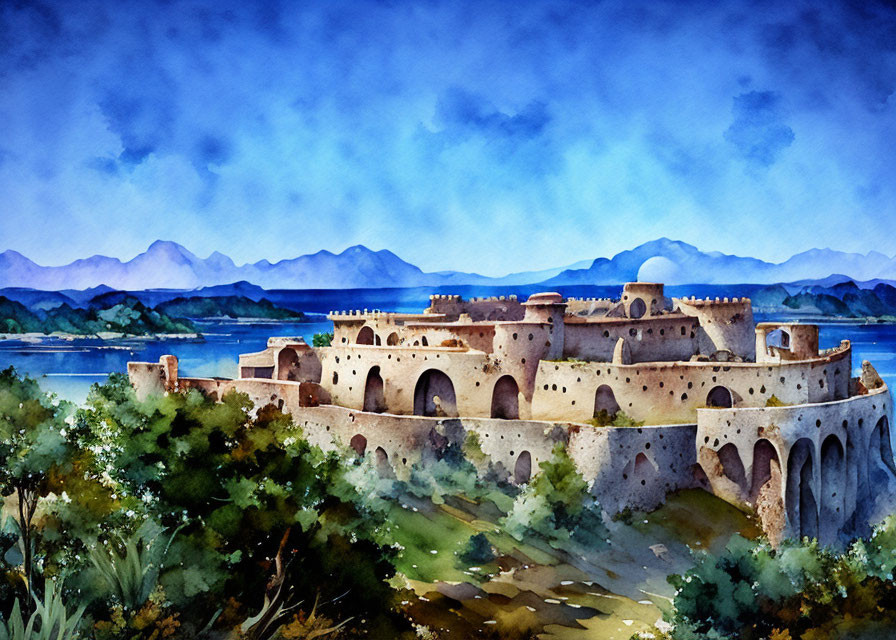 Coastal fortress watercolor painting with sea view and mountains.