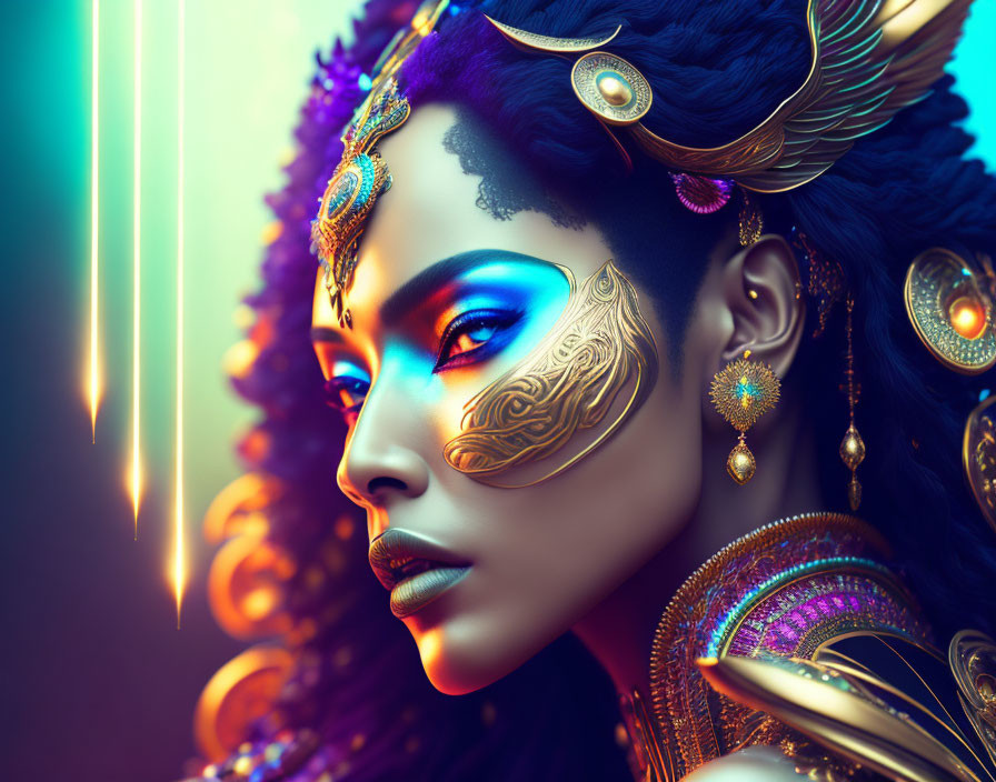 Vibrant makeup and ornate gold jewelry on woman in digital artwork