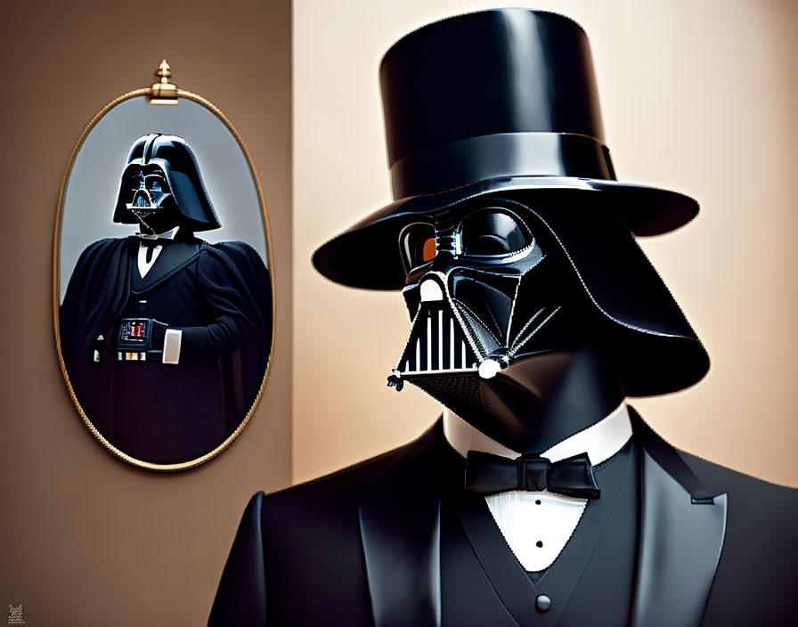 Sci-fi character in formal attire with mirror reflection on beige background