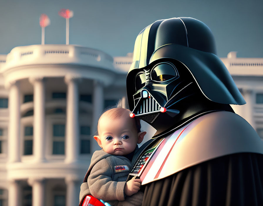 Sci-fi character with baby in front of White House-like building with red flags