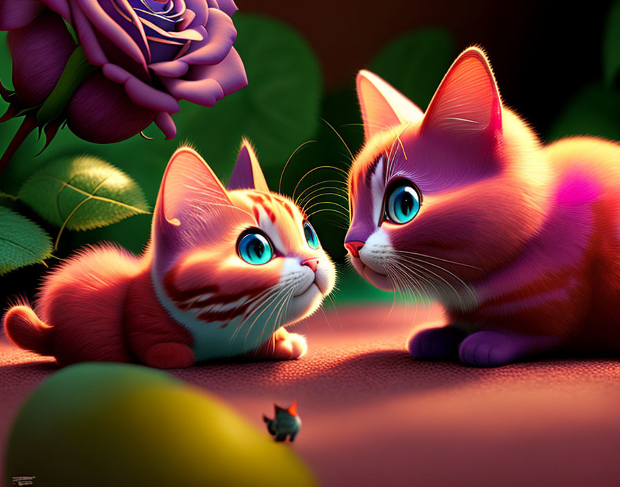 Two orange kittens with blue eyes and a rose under soft lighting