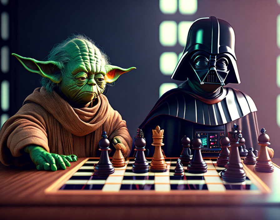 Futuristic chess match between Yoda and Darth Vader in dimly lit room