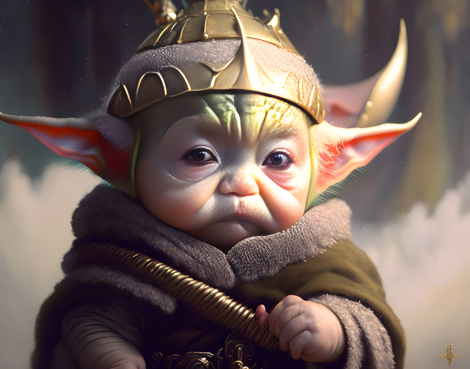 Digital artwork: Baby with elf ears in Viking helmet & cloak