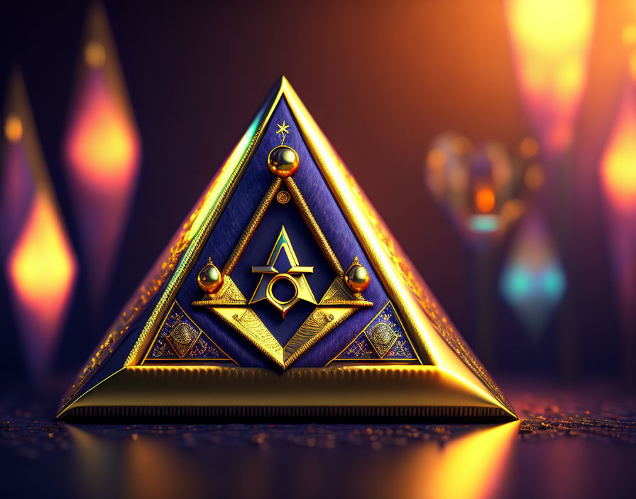 Intricate Masonic symbol artifact with golden, blue, and black design on bokeh background