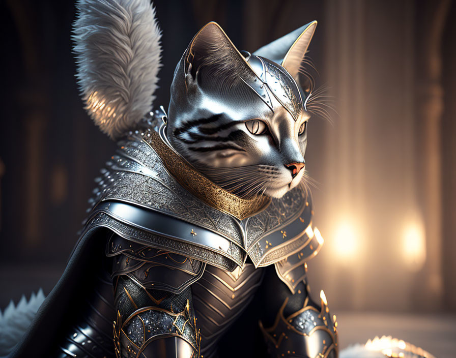 Cat in Medieval Armor Artwork Against Dark Background