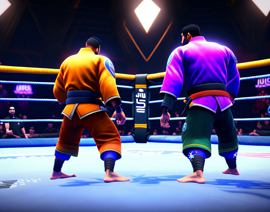 Animated sumo wrestlers in modern ring with audience & bright lights