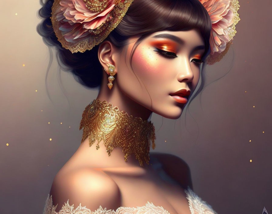 Illustration of woman with golden choker and orange eyeshadow, adorned with floral hair accessories